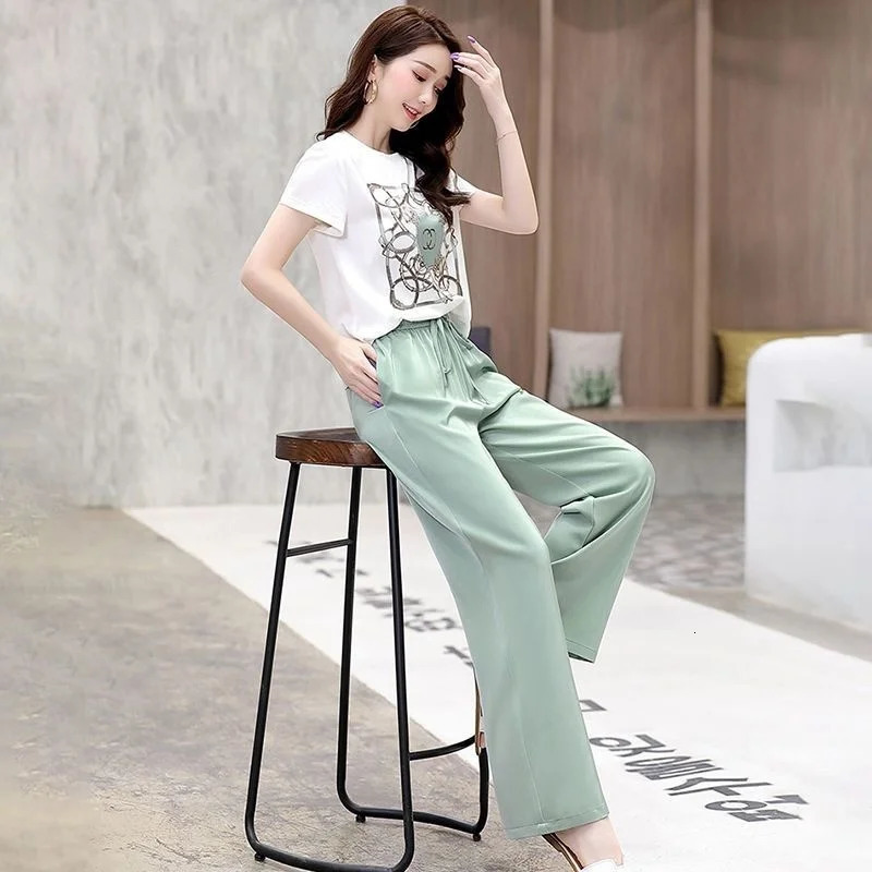 Women Casual Plus Size Clothing Suit 2025 Summer Fashion Large Korean Short Sleeve Top Wide Leg Pants 2 Two Piece Set Female 250516Z