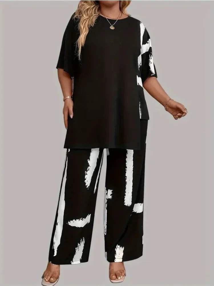 Plus Size Womens Brush Print Elegance Short Sleeve Round Neck Split Top Matching Pants 2 Piece Outfit Set 250513Z