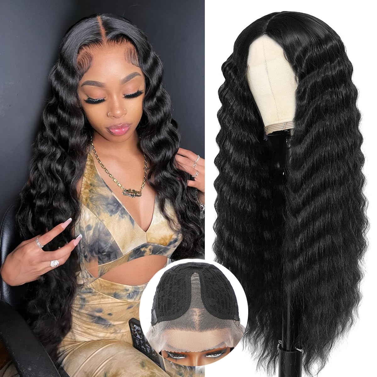 30 inch deep wave curly Natura T-part lace front wig human hair wig | Suitable for Balck ladies 13x4x1 lace