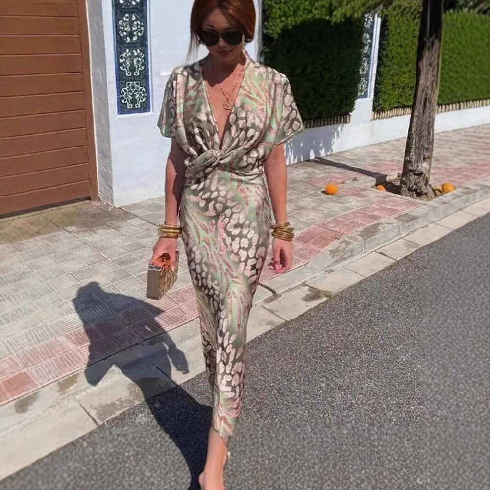Maxi Dress Autumn New Women S Clothing Temperament Printed Sexy V Neck Cinched Waist Twisted Short Sleeved Dress For Women Floral Dress