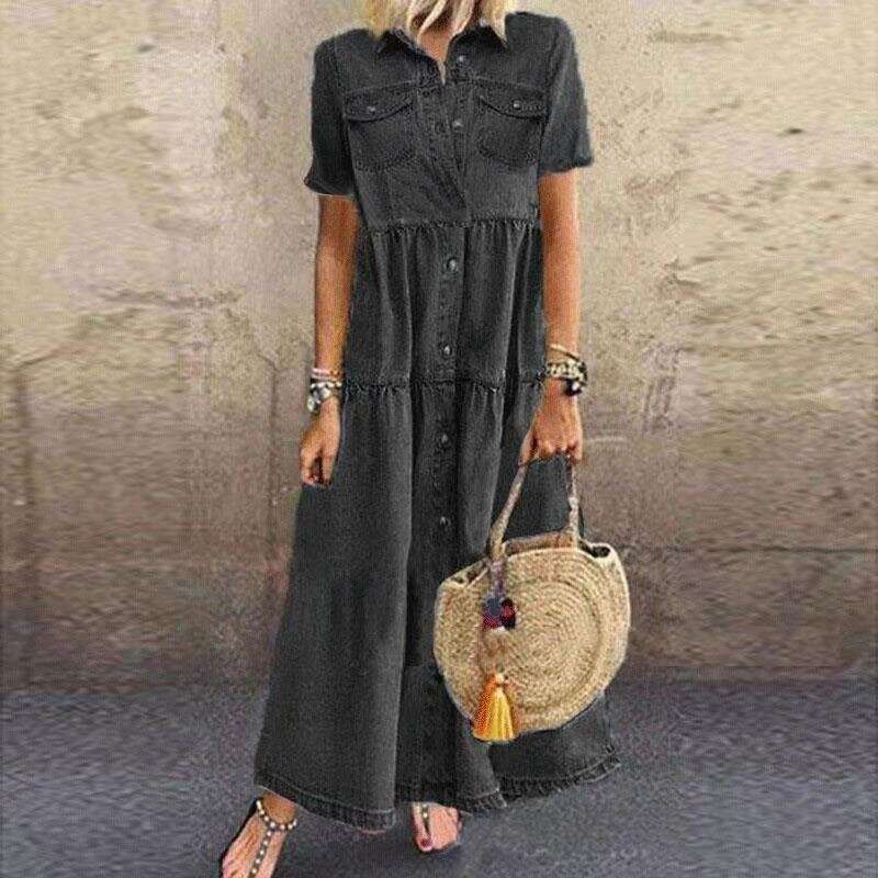 Maxi Dress Quick Selling Outong Denim Style Long Multi Button Vintage Dress Floral Dress