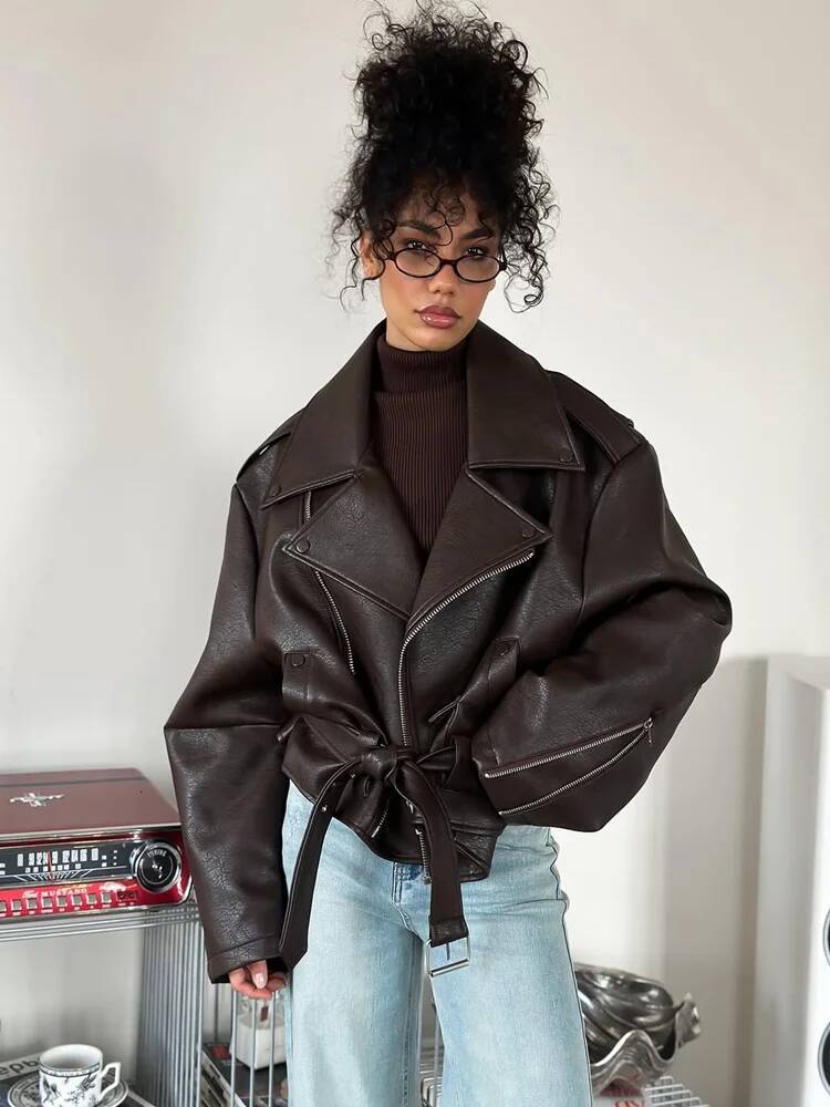 Leather Lapel Lace Up Jacket Woman Loose Solid Color Long Sleeves Zipper Coat Casual Street Fashion Women's New Baggy Jackets