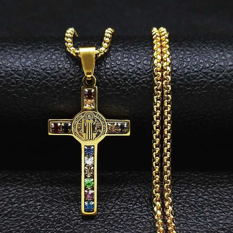Catholic Jesus Cross Stainl Steel Necklace Saint Benedict Crystal Virgin Mary Pendant Crucifix Male Necklaces Jewelry cruz XJ250524