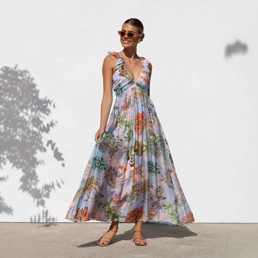 Maxi Dress Summer New Ins Same Style Printed V Neck Large Swing Strap Long Dress For Women Floral Dress