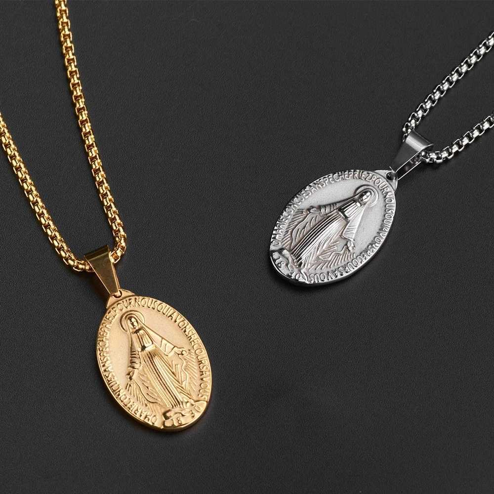 Golden Color Medal Virgin Mary Necklace Stainless Steel Virgin Mary Pendant Necklace For Men Women Cross Medallion Choker XJ250524