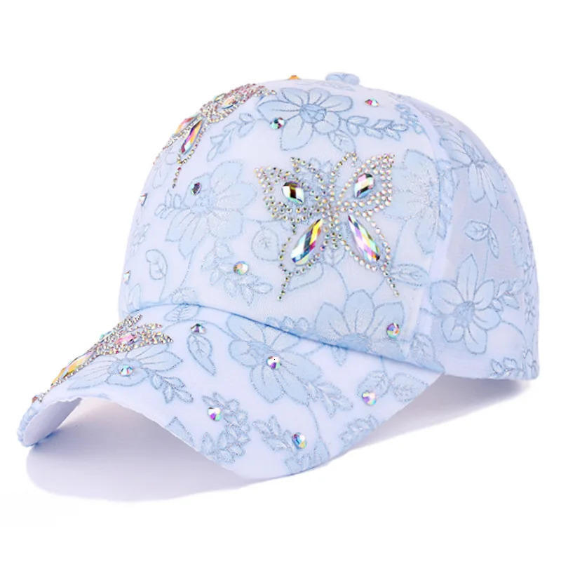 Women Baseball Cap Flower Butterfly Rhinestone Lace Breathable Sunshade Curved Brim Fashion Cap Street Dance Party Casual 250522