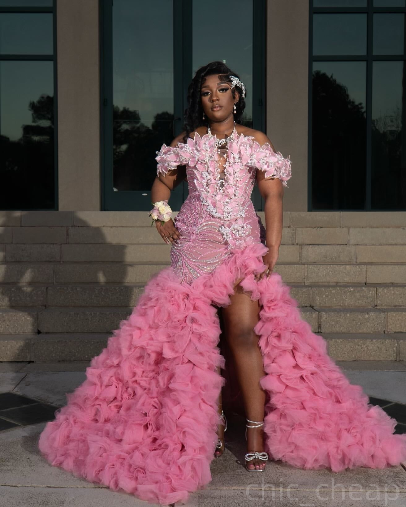 Pink Mermaid Prom Dresses 2025 Florals Pearls Tulle Tiers Luxurious Evening Formal Party Second Birthday Engagement Gowns Plus Size Dress For Special 