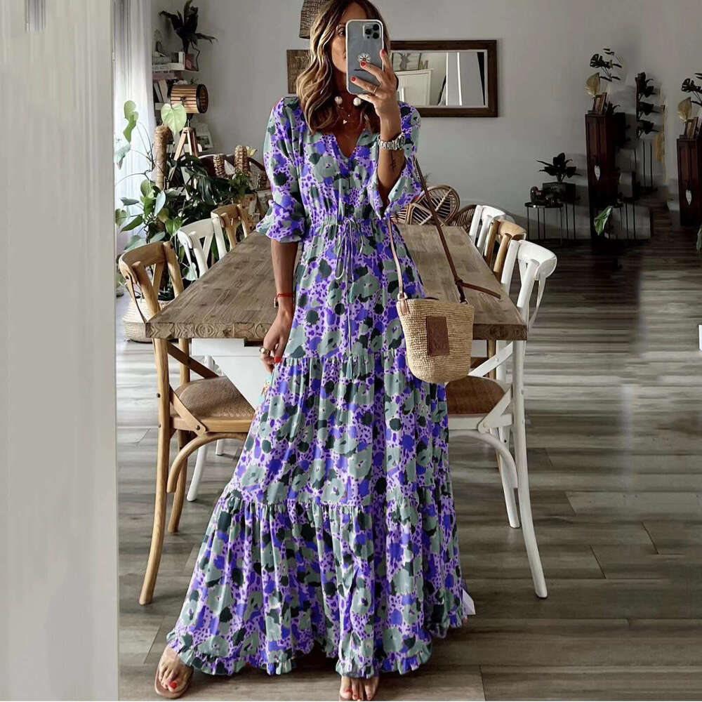 Maxi Dress TEMU Summer New Women S Elegant Vacation V Neck Printed Large Swing Long Dress Floral Dress