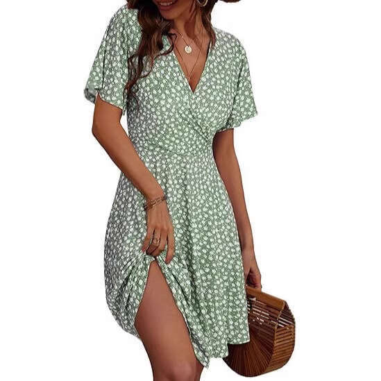 Maxi Dress Women S Strap Skirt Summer Flower Short Sleeve Package V Neck A Line Medium Length Dress Printed Floral Dress