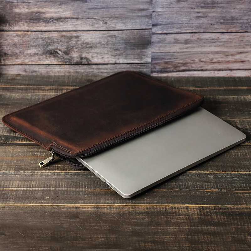 Crazy Horse Leather Laptop Sle Case For Book Pro 14.2Inch Book Pro Book Air Case with Zipper Z250524