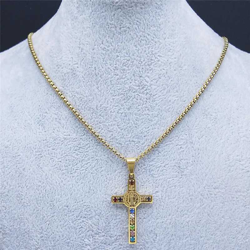 Catholic Jesus Cross Stainl Steel Necklace Saint Benedict Crystal Virgin Mary Pendant Crucifix Male Necklaces Jewelry cruz XJ250524
