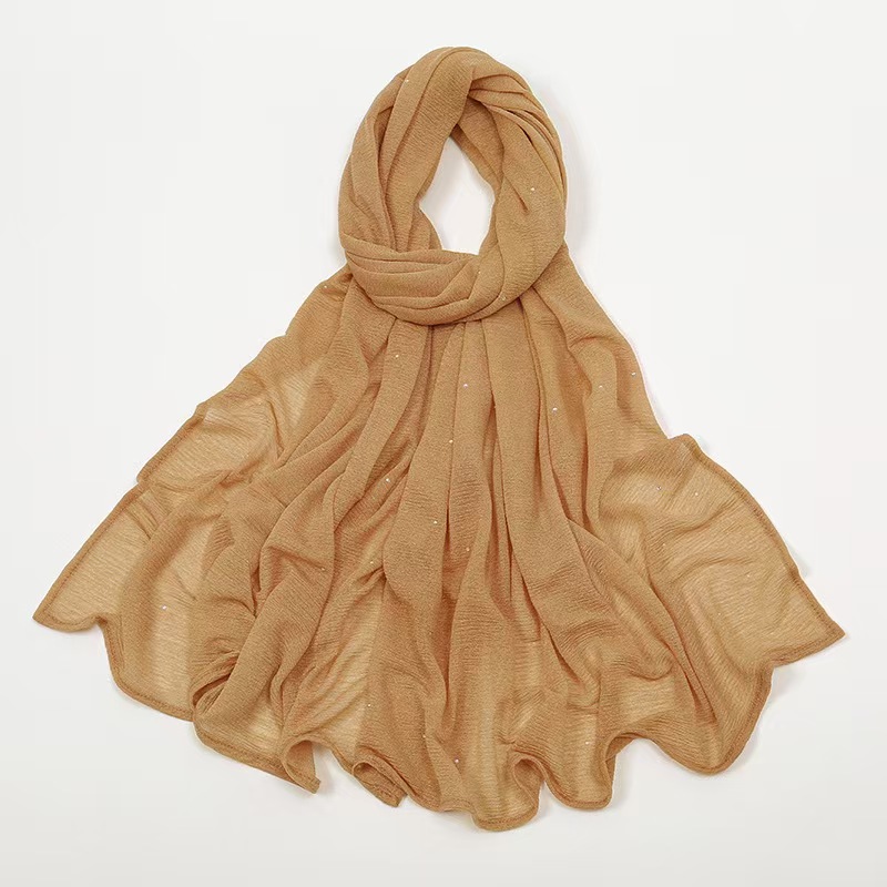 T791 solid color hemp wrinkled starry sky hot diamond headscarf female new style pleated feel monochrome simple long scarf