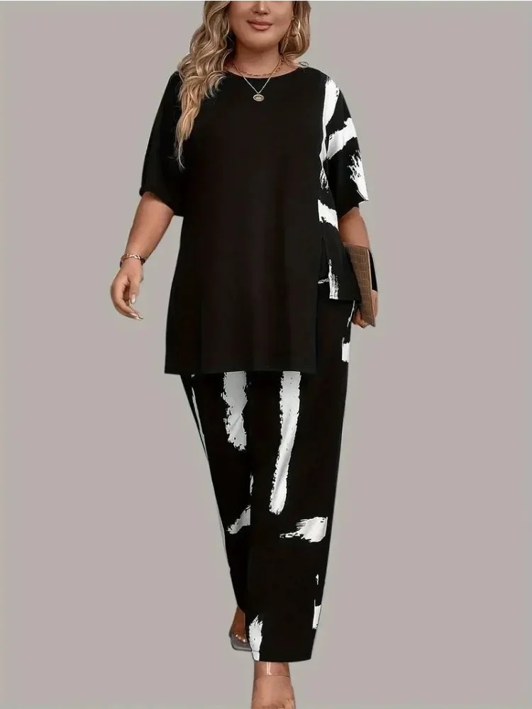 Plus Size Womens Brush Print Elegance Short Sleeve Round Neck Split Top Matching Pants 2 Piece Outfit Set 250513Z