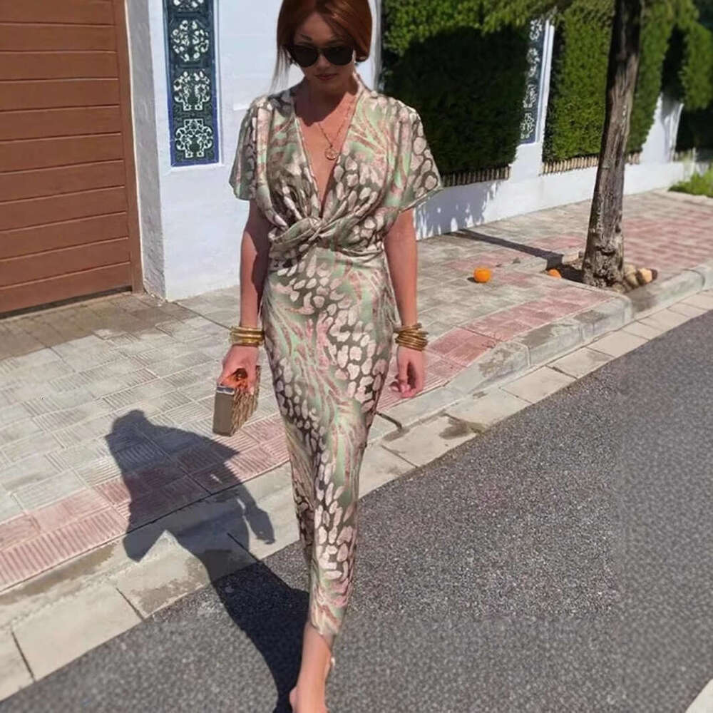 Maxi Dress Autumn New Women S Clothing Temperament Printed Sexy V Neck Cinched Waist Twisted Short Sleeved Dress For Women Floral Dress