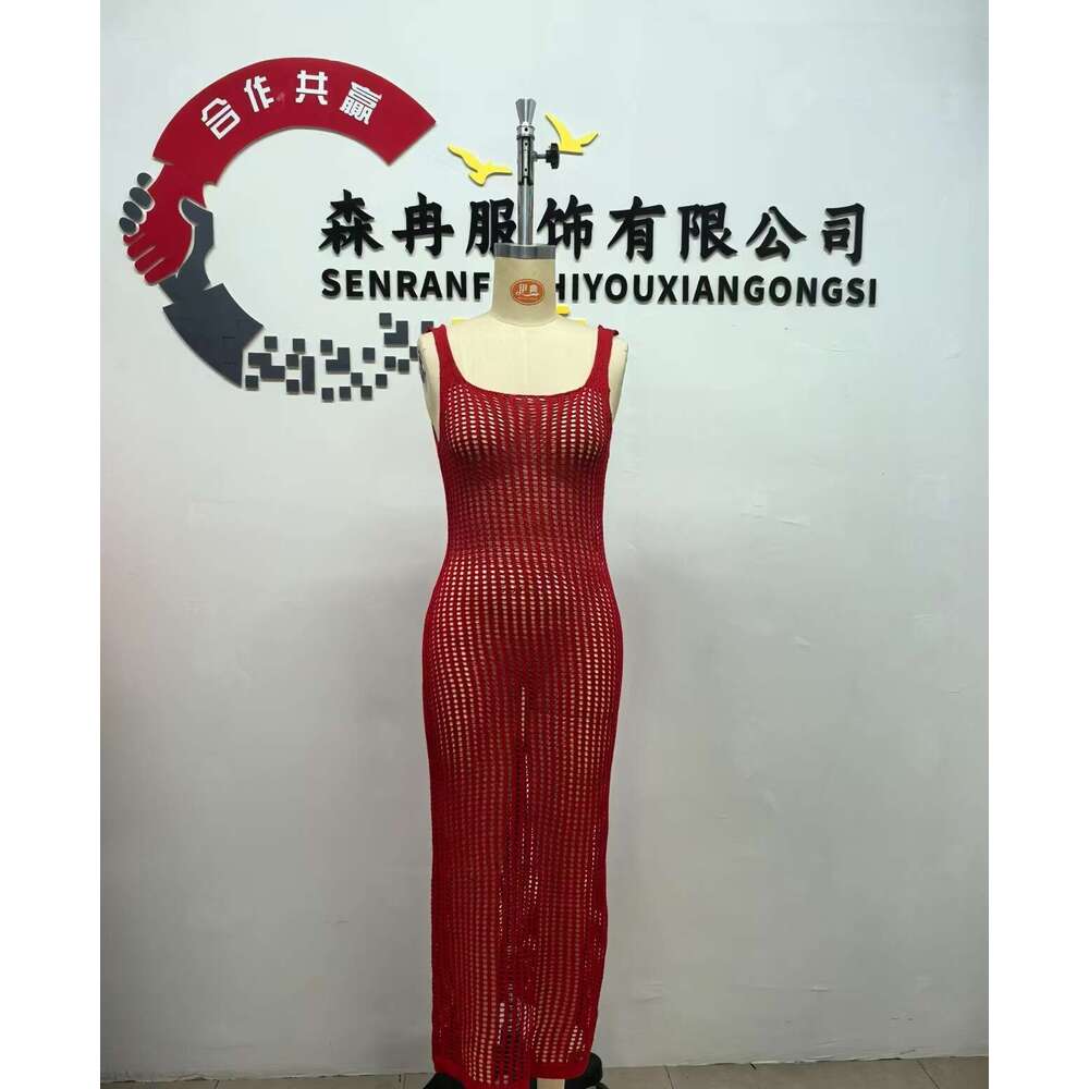 Maxi Dress New Beach Hoodie Casual Solid Color Split Back Knitted Strap Top Dress Long Dress