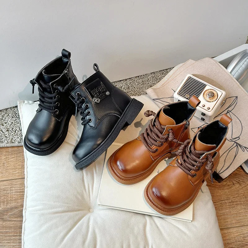 Boys Girls Leather Boots Handsome Fashion Children Motorcycle Boots Non-slip Autumn Winter Kids Short Boots Soft Sole 250522