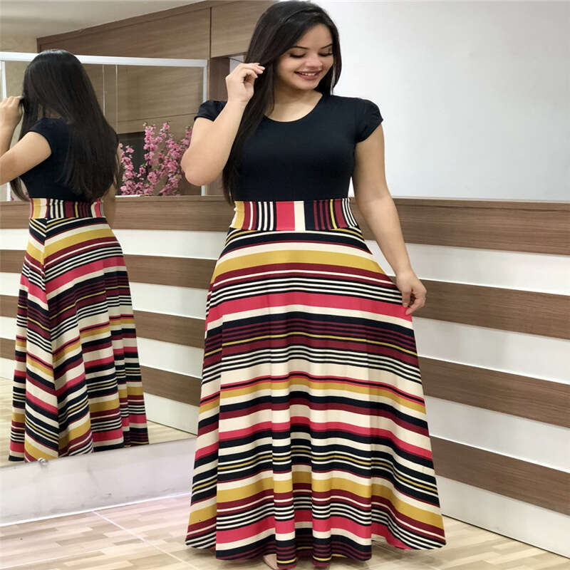Maxi Dress Pop Style Floral Print Color Blocking Short Sleeved Oversized Dress For Women Floral Dress