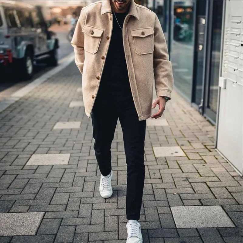 Mens Jacket Autumn Winter 2022 New Youth Casual Woolen Coat Long Sleeve Single Breasted Pockets Outerwear Cardigan Male Tops W250524