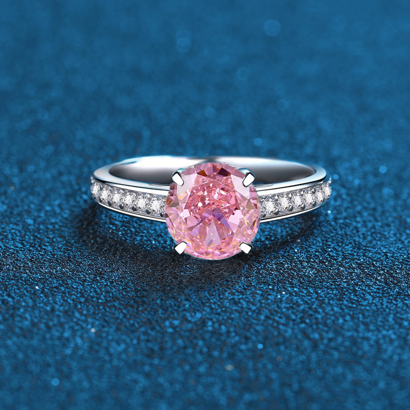 925 Sterling Silver Heart-Shaped Pink Diamond Ring with Blue and White Diamonds, Full Diamond Design, Elegant Engagement Ring for Women