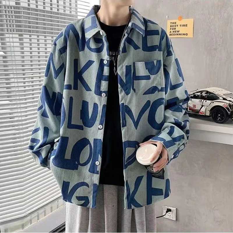 Spring and Autumn Corduroy Handsome Jacket Mens Korean Style Casual Loose Full Print Letters W250524
