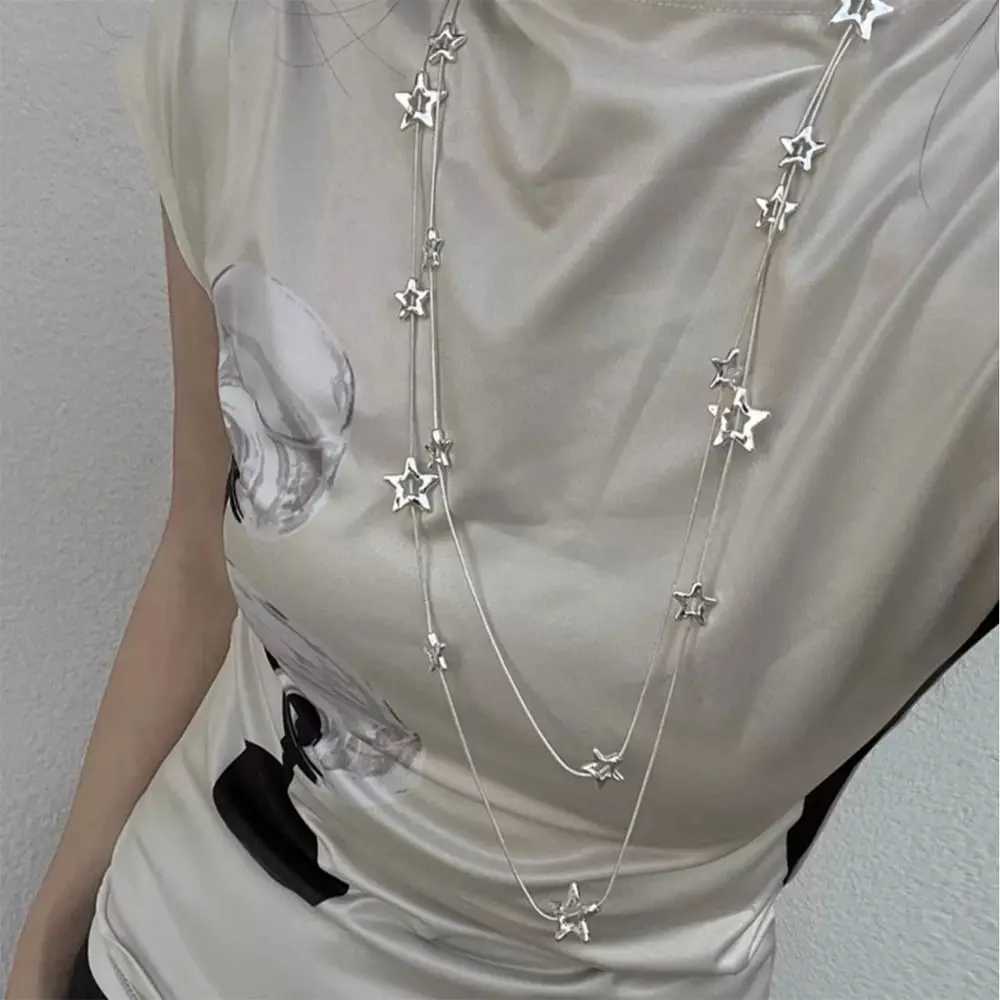 New Alloy Pentagram Star Pendant Silver Color Punk Long Chain Necklace Double Layer Y2K Style Choker XJ250524