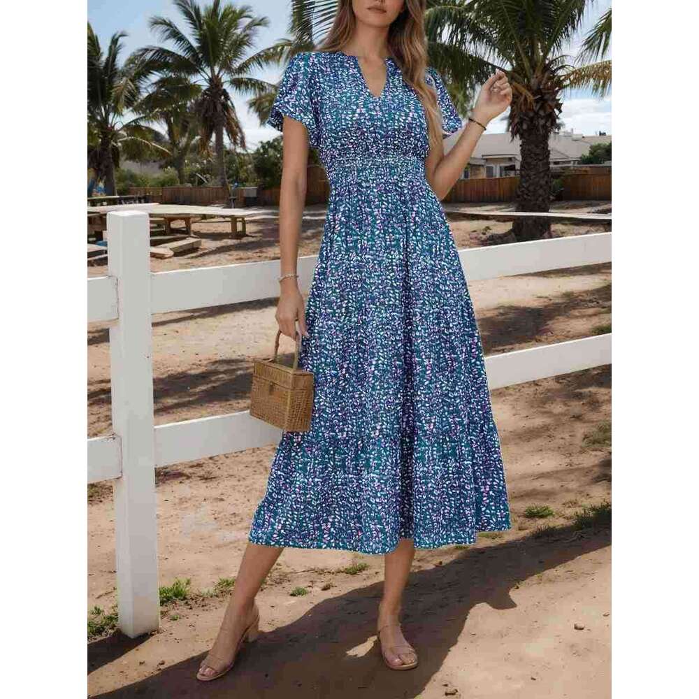 Maxi Dress Summer New Bubble Sleeve Floral Dress Sexy Printed Waist Skirt Floral Dress