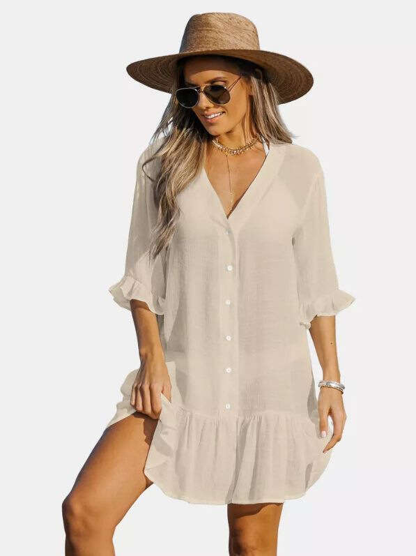 Maxi Dress Summer V Neck Ruffle Dress Solid Beach Sun Protection Cover Up For Women Long Dress
