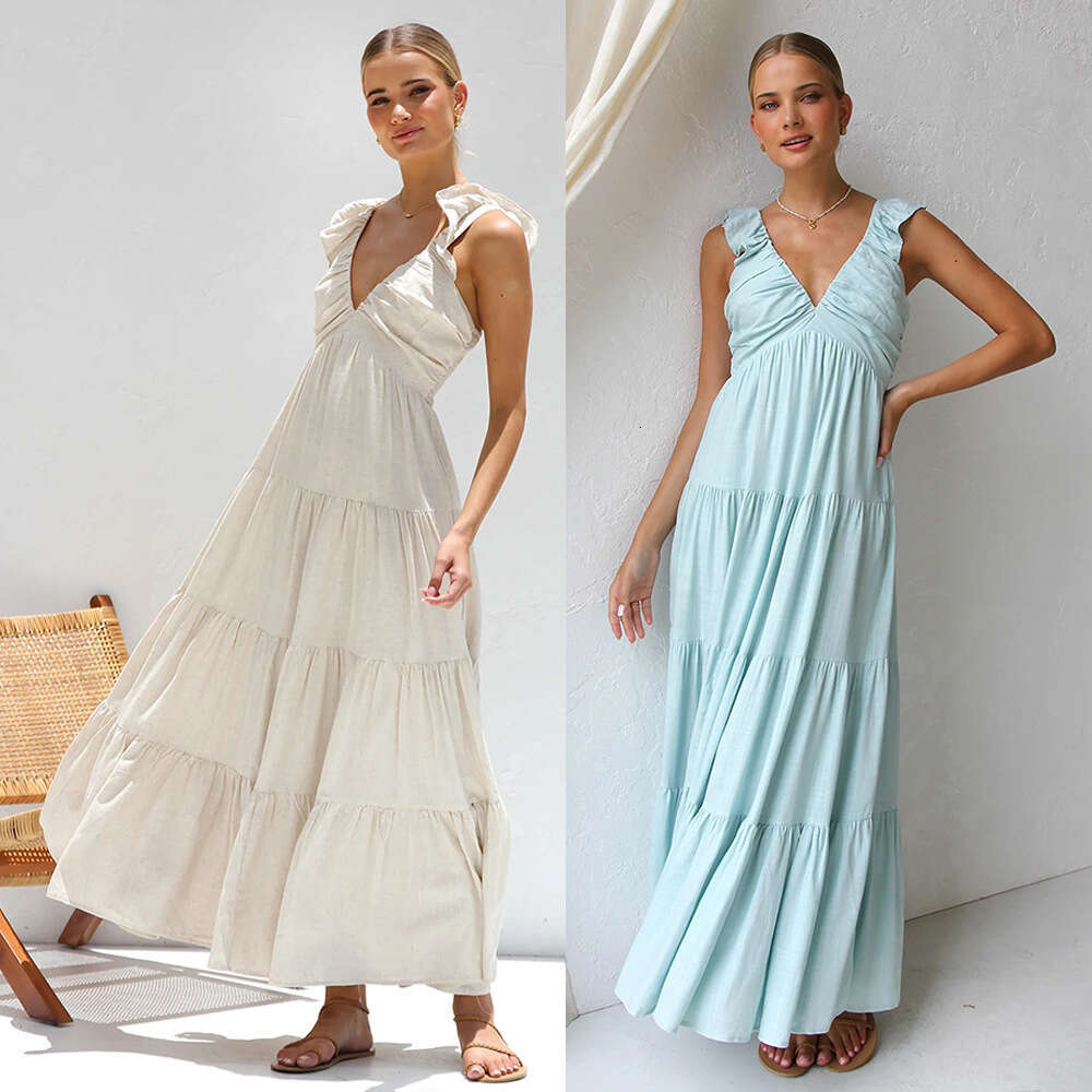Maxi Dress Spring Summer V Neck Sexy Cotton Linen Sleeveless Solid Lace Strap Holiday Beach Dress Long Dress