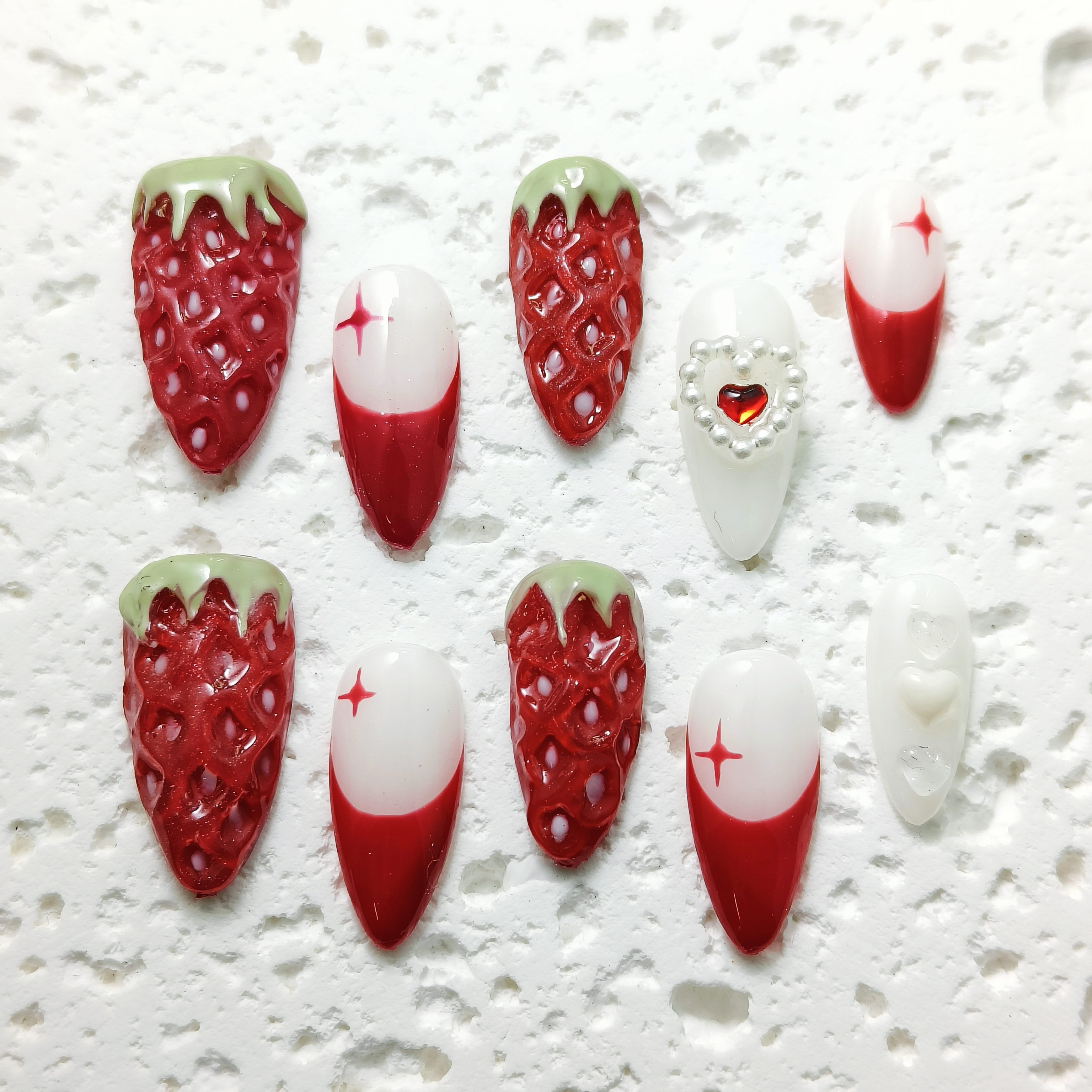 10pcs FrenchTips Handmade Press-on nail Medium Almond Nails Bundle Hand drawn 3D Love Strawberry Sweet Fake nails Finished nail stickers