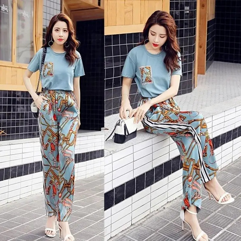 Women Casual Plus Size Clothing Suit 2025 Summer Fashion Large Korean Short Sleeve Top Wide Leg Pants 2 Two Piece Set Female 250516Z