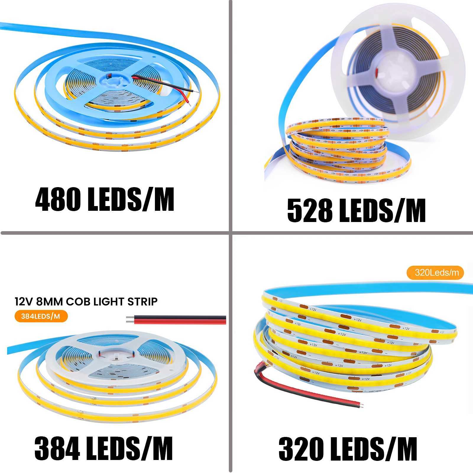 DC 12V 24V COB Strip 480 384 320 528Leds/M High Density RA90 White 3000K 4000K 6000K IP21 Flexible Ribbon Rope LED Light W250524