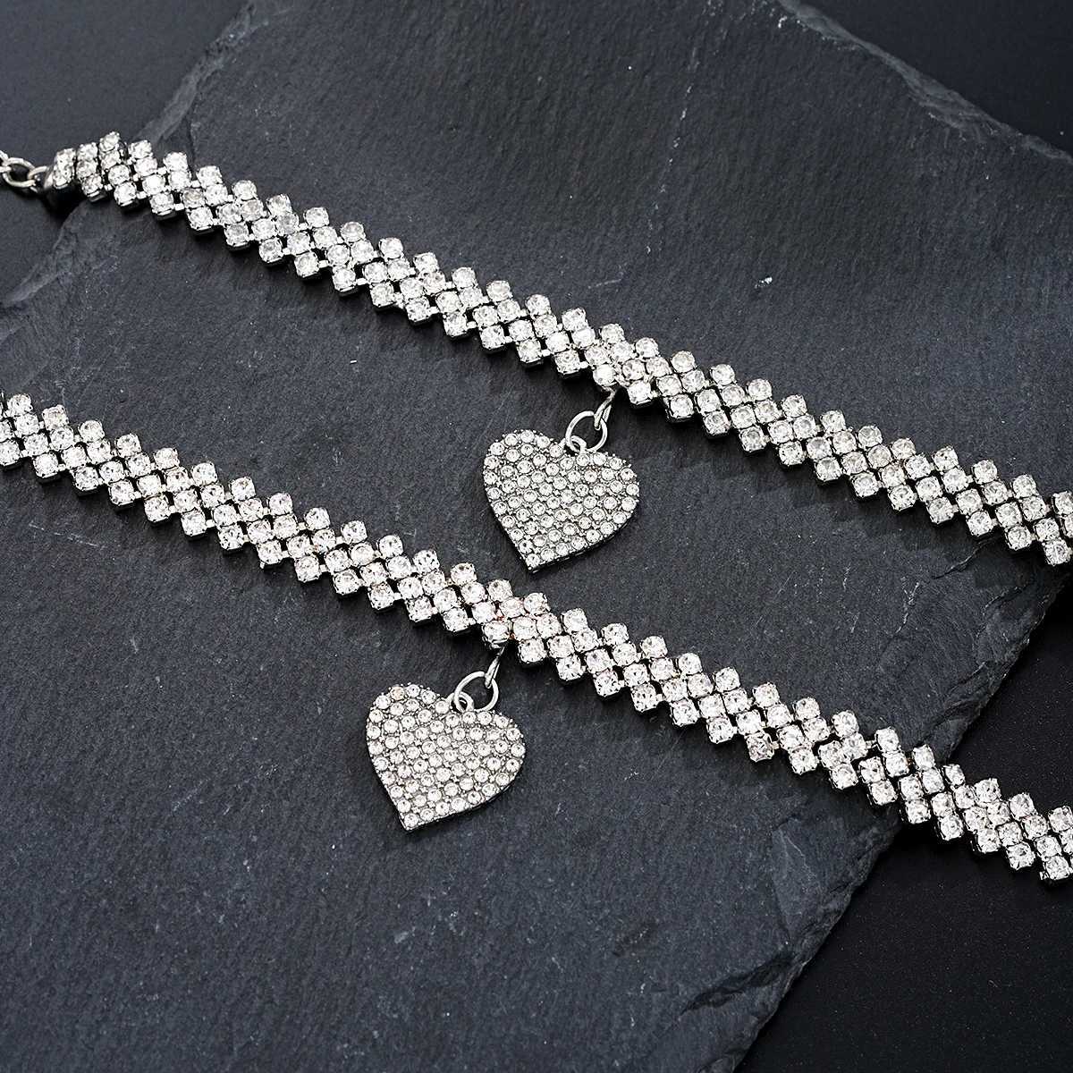 2 Pcs Fashion Silver Color Rhinestone Heart Pendant Anklet for Women Ins Bling Love Foot Ankle Bracelet Set Chain Jewelry Gifts XJ250524