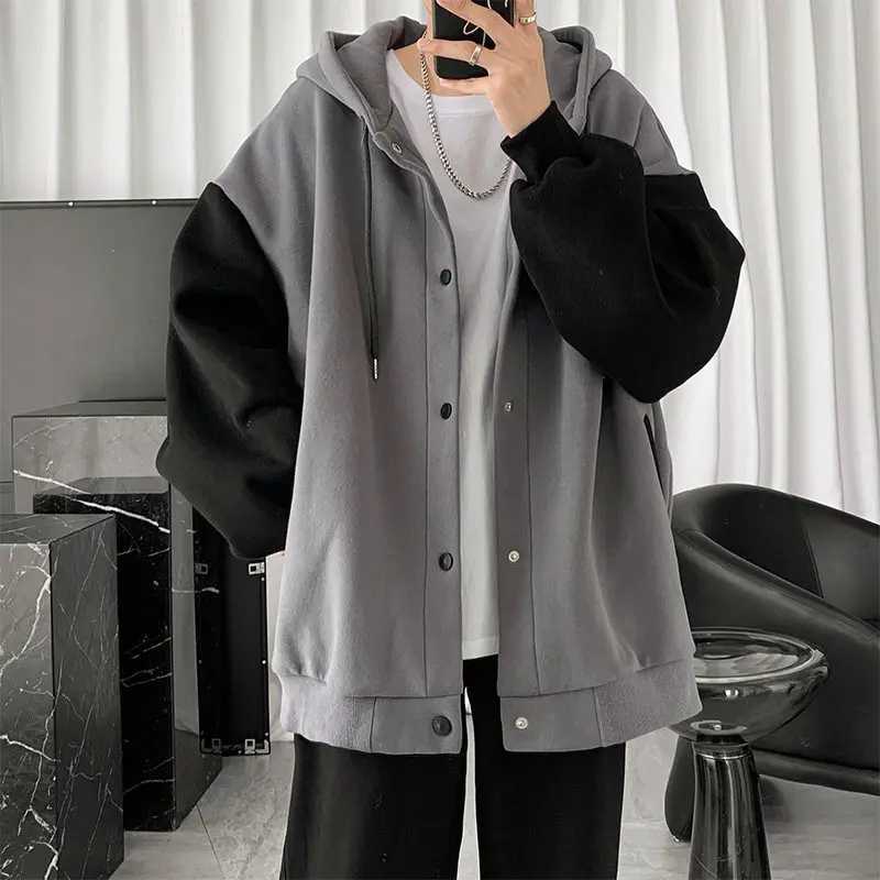 Hong Kong Wind Leisure Cardigan Coat Men 2024 Autumn New Korean Version of The Trend Splicing Loose Hoodie Lovers W250524