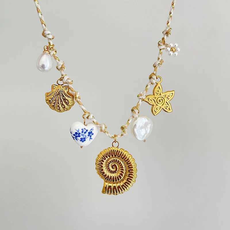 Bohemian Ethnic Pendants Necklaces Stainl Steel Shell Sun DIY Knotting Rope Chain Necklace for Women Beach Vacation Jewelry XJ250524