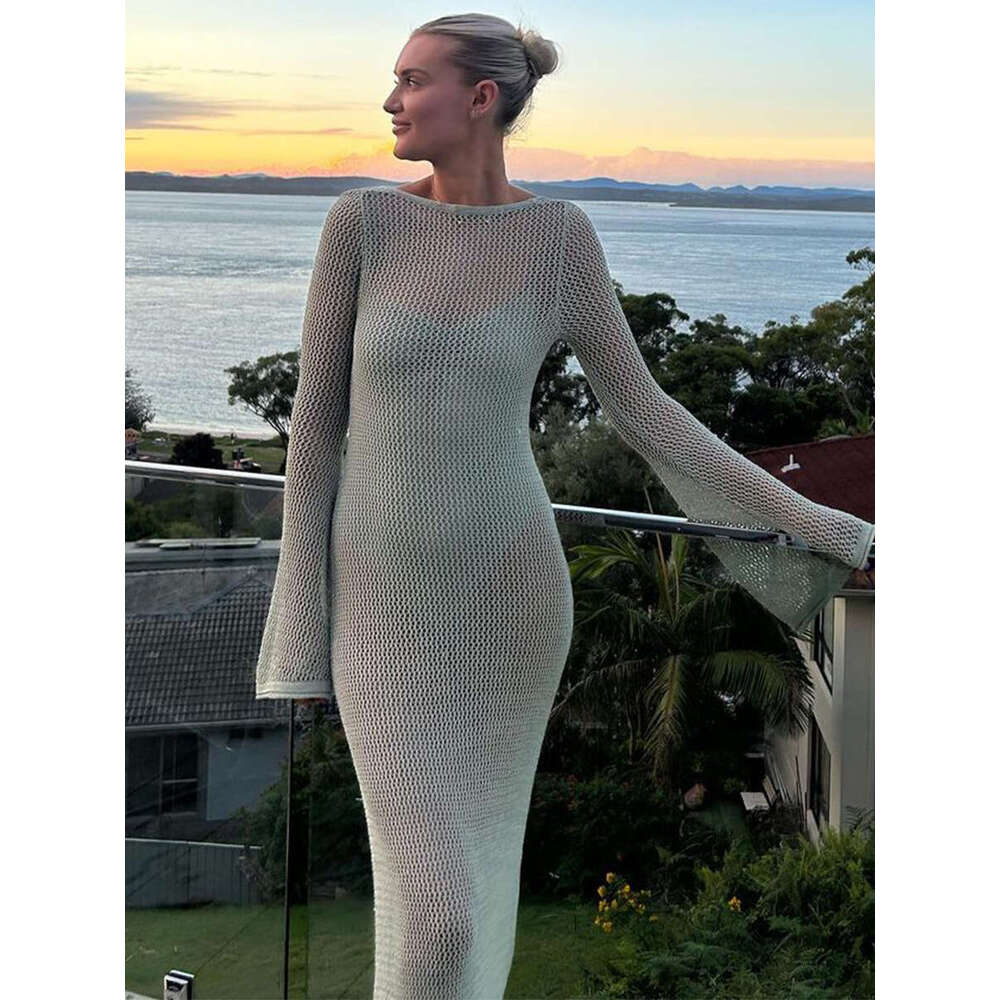 Maxi Dress Open Back Sexy Tight Fitting Long Sleeved Hollow Out Beach Summer Dress Long Dress
