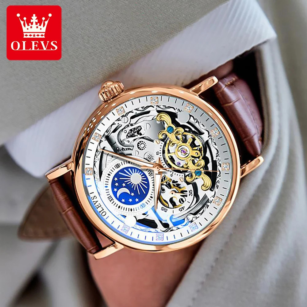 OLEVS Skeleton Watches Mechanical Automatic Watch Men Sport Clock Casual Business Moon Wrist Watch Relojes Hombre 250603