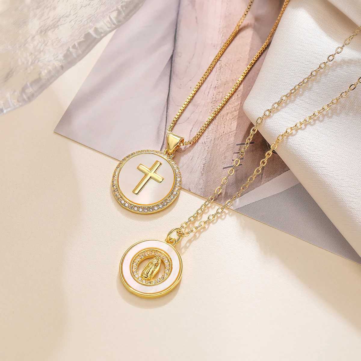 NEWBUY Fashion Gold Color Round Cross Virgin Mary Pendant Necklaces For Women Shiny CZ Zircon Inlay Christian Jewelry XJ250524