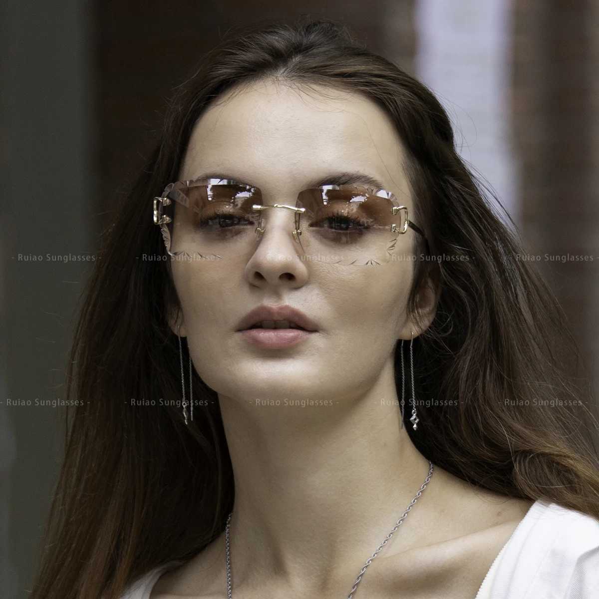 Ruiao Luxury high quality rimless diamond cut nylon lens UV400 Sunglasses fashion square metal legs glasses for men women V250524