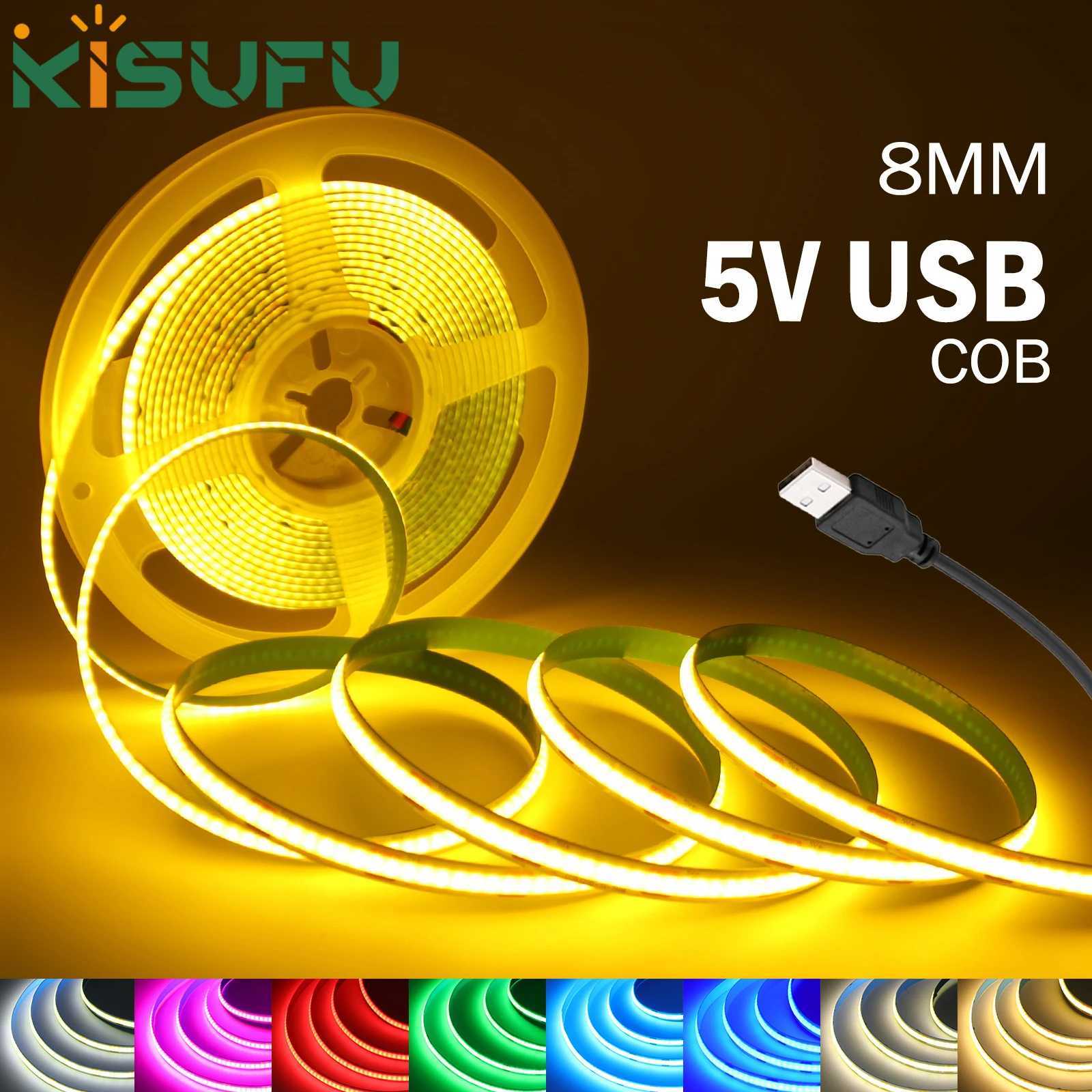 DC5V USB COB Led Strip Light White/Pink/Red/Yellow/Ice Blue/Green 8MM 320LEDs/M Flexible Night Light for Home Decor TV Backlight W250524