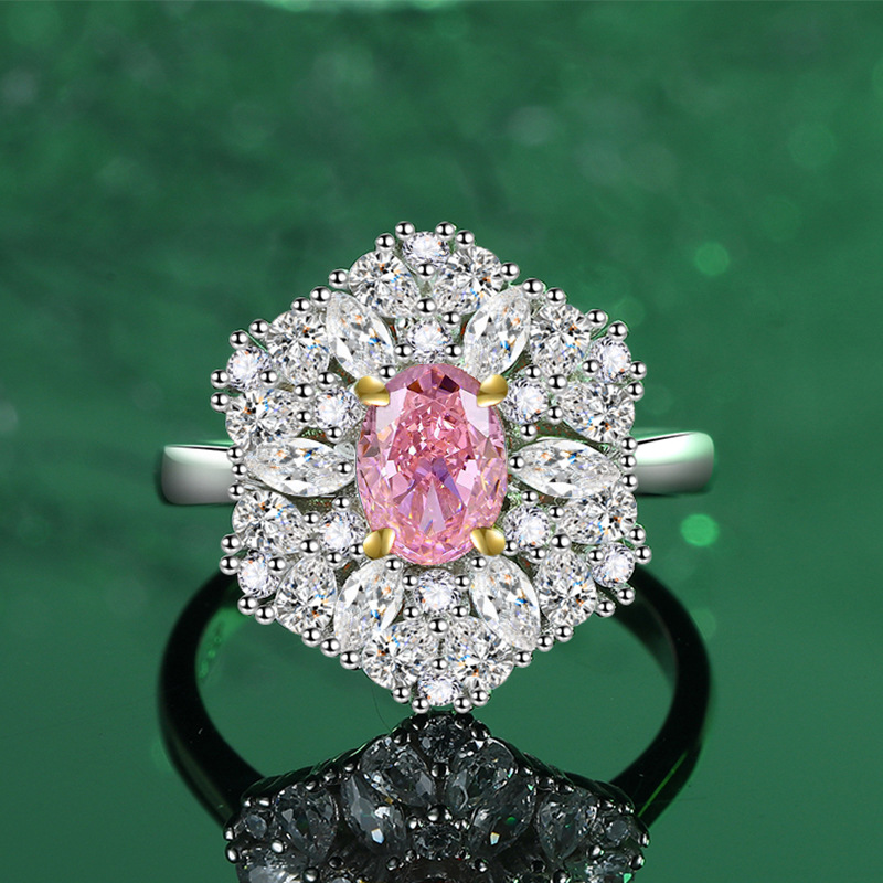 Luxury S925 Sterling Silver Ice Flower Cut Ring with Padma Red, Pink and Green Diamonds for Women, Perfect for Engagement and Wedding