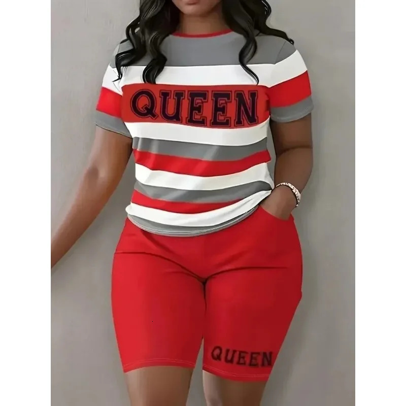 Plus Size Fashion Womens Clothing Stripe Print Ladies Casual Comfortable Set Tops and Shorts 250513Z