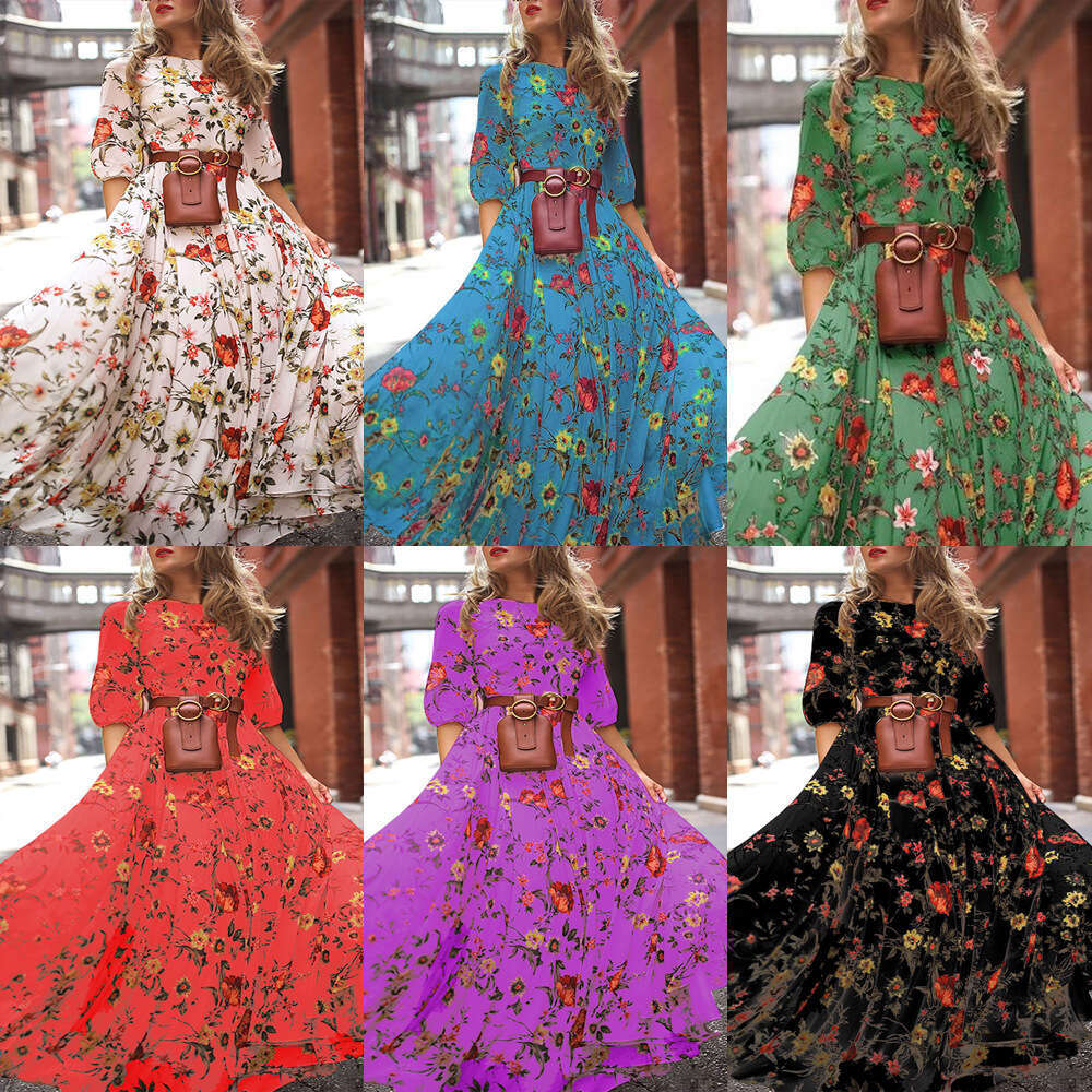Maxi Dress Spring Autumn New With Digital Printing And Dazzling Style Fragmented Flower Slimming Long Dress Floral Dress