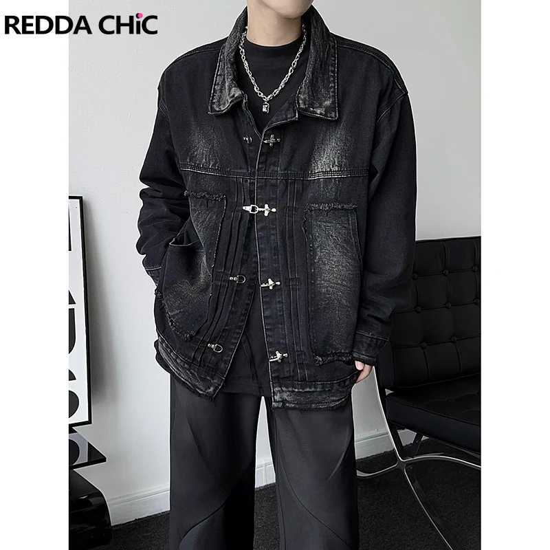 REDDACHIC 90s Mens Button Deconstructed Denim Bomber Jacket Frayed Oversize Coat Distressed Black Hiphop Street Autumn Outwear W250524