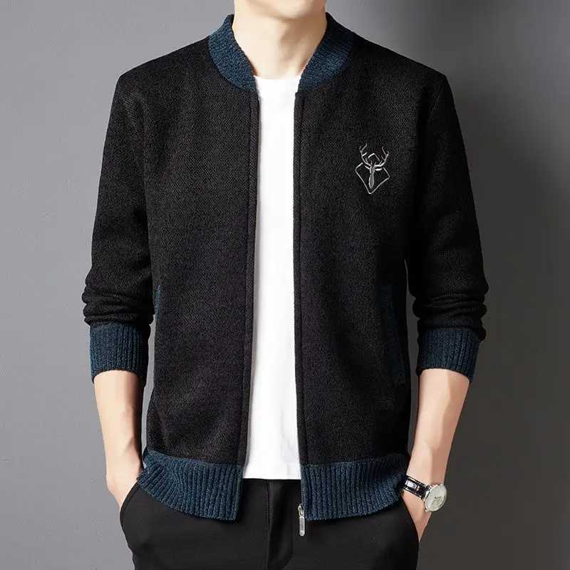 Chic Traveling Autumn Winter Men Cardigans Coats Anti-Pilling Knitted Patchwork Cootrast Color Embroidered Casual Zipper Jackets W250524