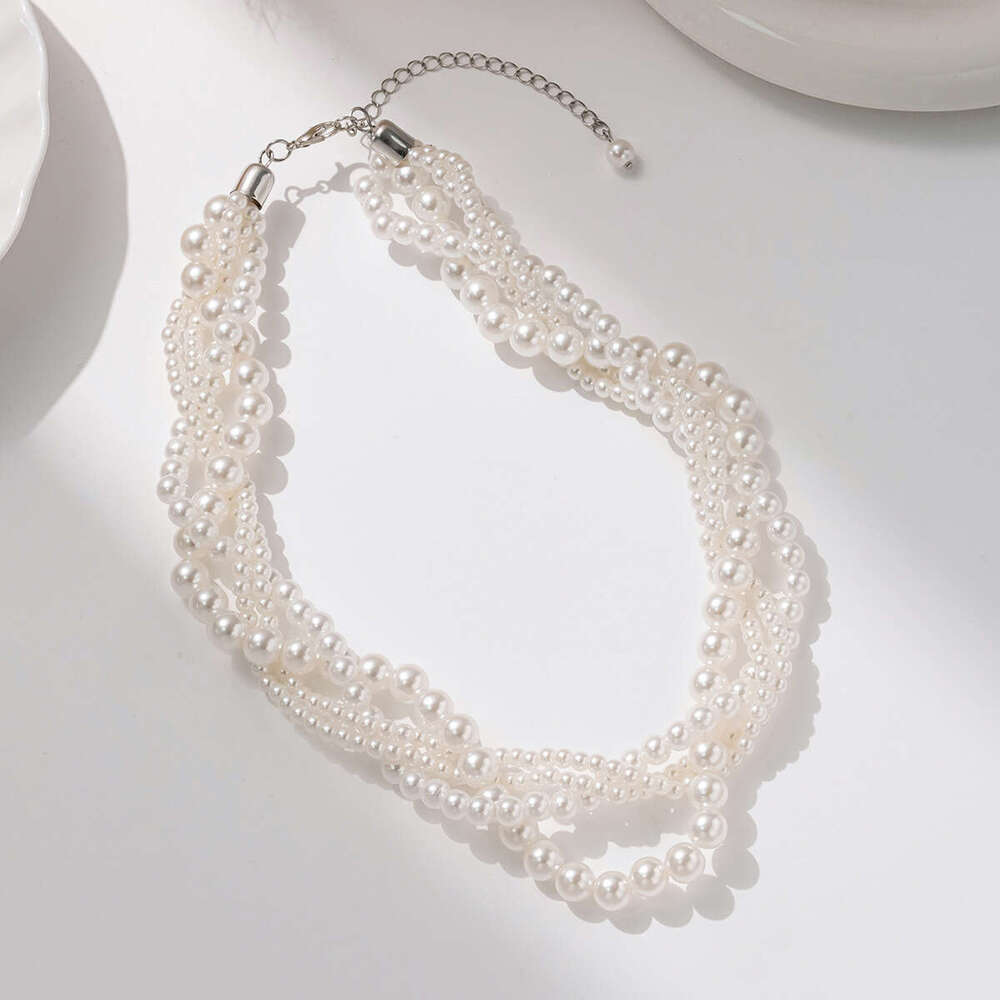 Hand woven multi layer Fried Dough Twists imitation pearl chain light high level French temperament collarbone chain beads