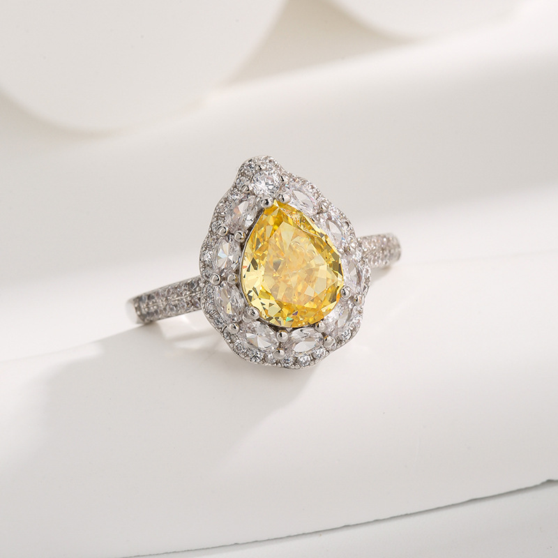 Luxury Pear-Shaped Gemstone Halo Ring with Diamonds, Available in Ruby, Emerald, Yellow Zirconia for Engagement or Special Occasions