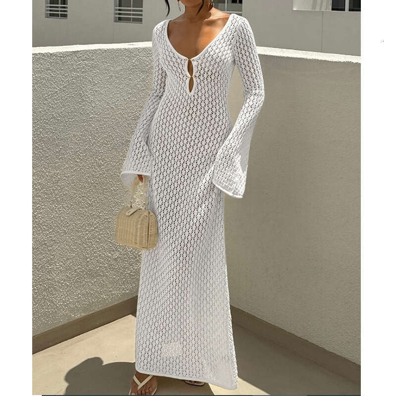 Maxi Dress New Hollowed Out Texture V Neck Round Button Sleeved Vacation Dress Beach Sunscreen Backless Long Skirt Long Dress