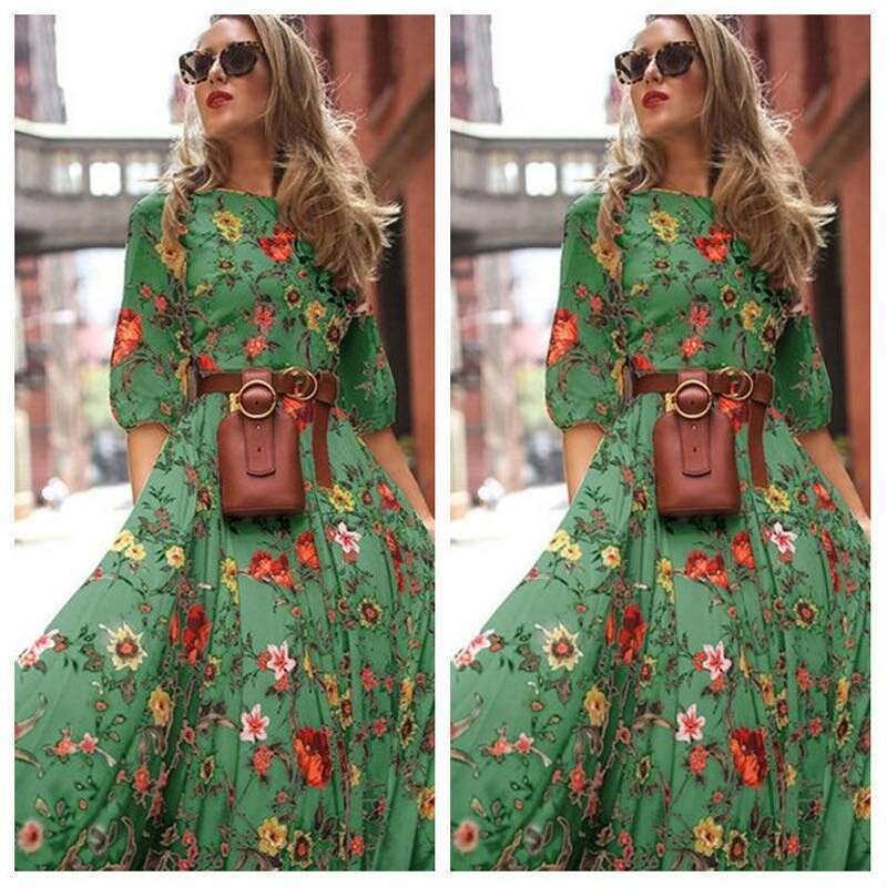 Maxi Dress Spring Autumn New With Digital Printing And Dazzling Style Fragmented Flower Slimming Long Dress Floral Dress