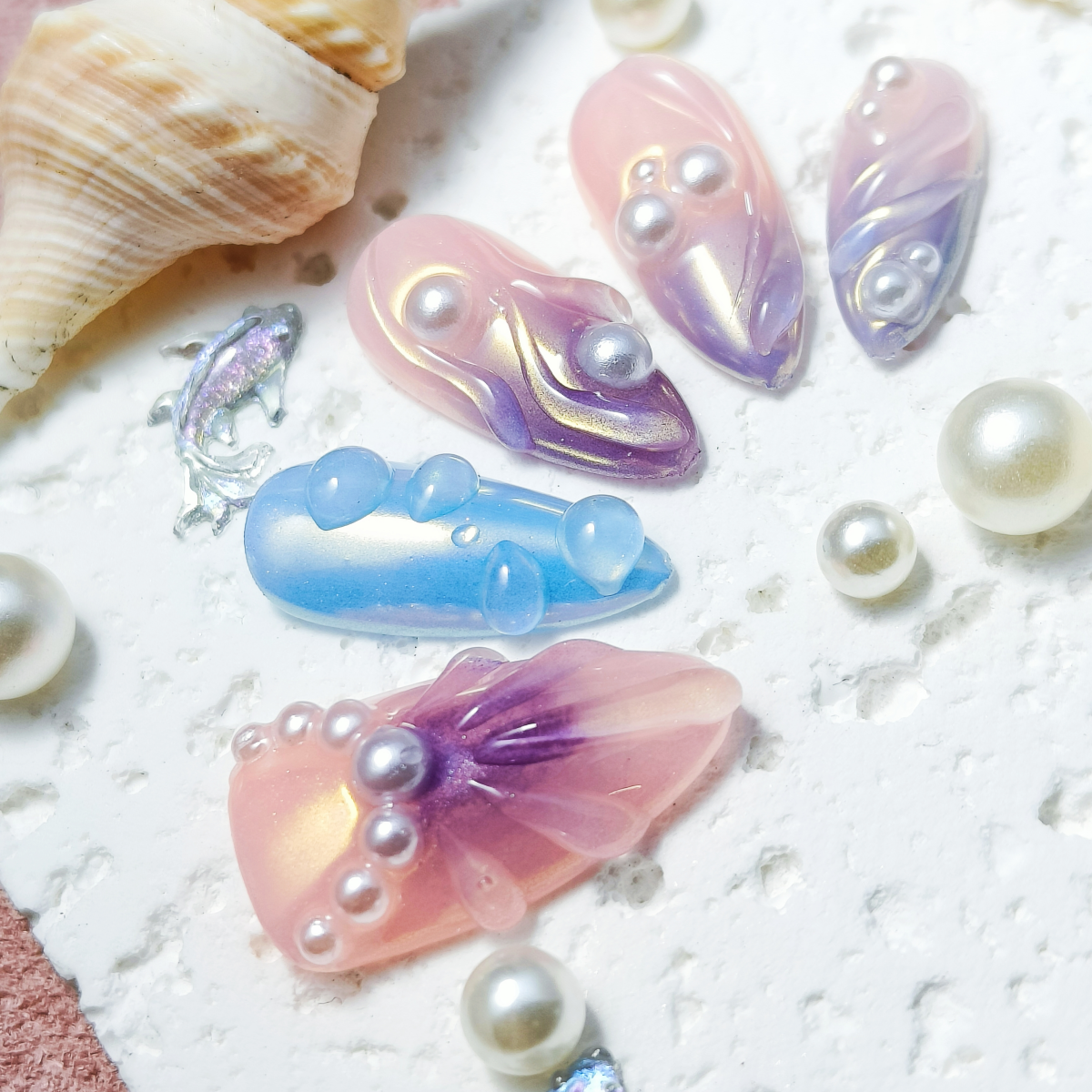 10pcs Mermaid Handmade Press-on nails Medium Almond Nails 3D Hand drawn Fake nails Bundle Sweet Finished nail stickers Free storage box jelly glue and