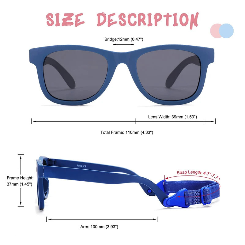 0-2 Years Baby Polarizrd Sunglasses with Belt Flexible Durable Square Silicone Frame Mirrored UV400 Lens Eyewear for Kids 250522